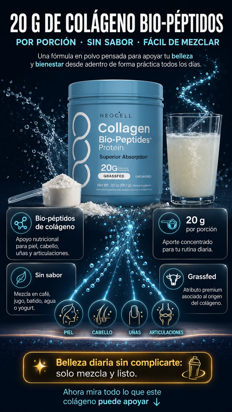 NeoCell Collagen Bio-Peptides Protein — Colágeno en polvo para piel, cabello, uñas y articulaciones