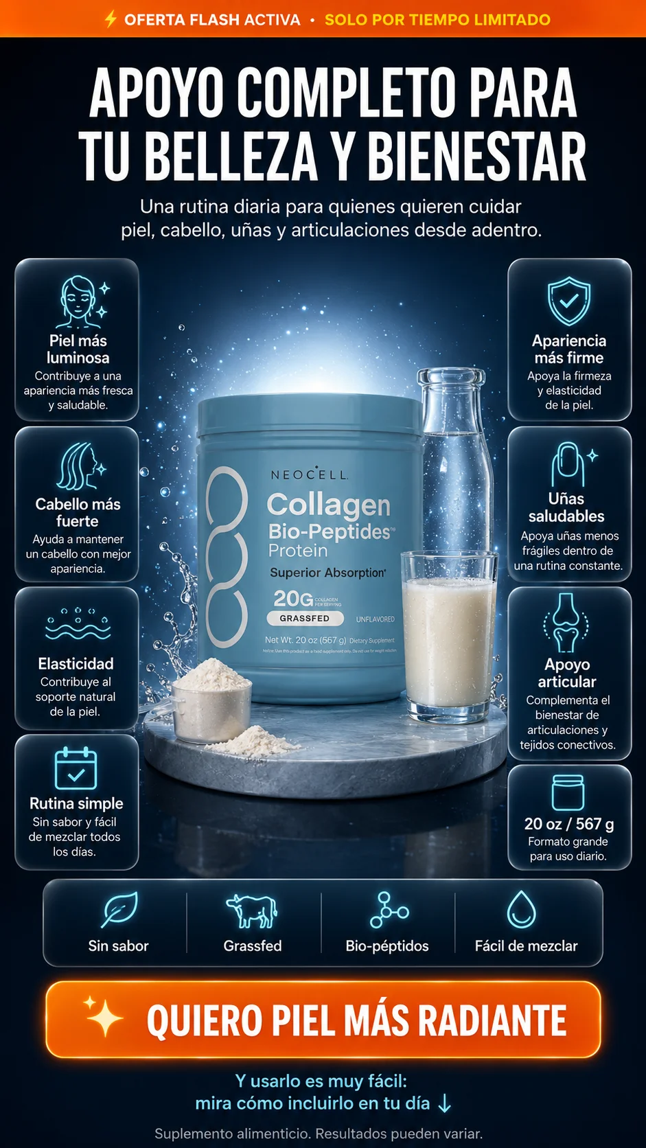 NeoCell Collagen Bio-Peptides Protein — Colágeno en polvo para piel, cabello, uñas y articulaciones